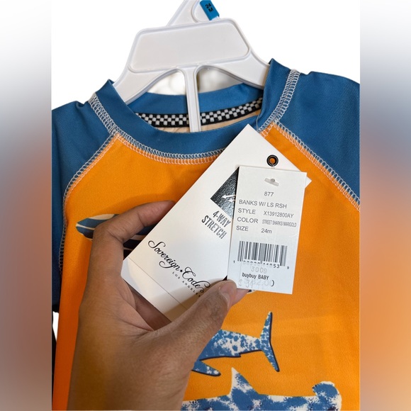 Sovereign Code® Size 24M 2-Piece Sharks Rash Guard and Swim Trunk in Orange - Picture 3 of 3